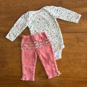 Floral onesie and pink ruffle leggings 3-6m